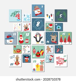 Christmas advent calendar. Hand drawn elements and numbers. Winter holidays calendar cards set design, Vector illustration.