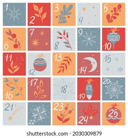 Christmas advent calendar with hand drawn elements. Vector graphics.
