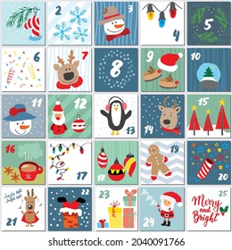 Christmas advent calendar. Hand drawn elements and numbers. Winter holidays calendar cards set design, Vector illustration.