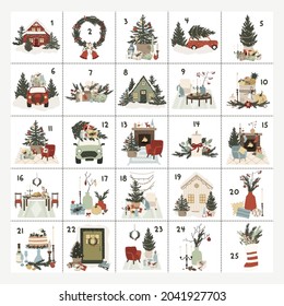 Christmas Advent calendar with hand drawn elements houses, cars, food, Christmas tree. Printable advent calendar winter holiday posters, cards, tags. Vector illustration in cartoon flat style