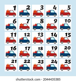 Christmas Advent calendar with hand drawn elements. Kids numbers. Winter event. Holiday vector illustration.