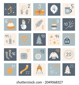 Christmas advent calendar with hand drawn elements in blue and yellow colors. Modern vector illustration for poster, card, decor, nursery bedroom