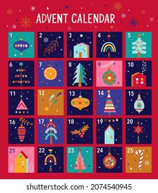 Christmas advent calendar with hand drawn christmas elements for kids. Christmas trees, balls, houses and baubles for design your calender. Xmas isolated cozy decor elements.Vector illustration.