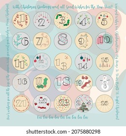Christmas Advent calendar with hand drawn elements. Christmas poster. Countdown to the holiday with best wishes. Vector illustration