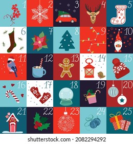 Christmas advent calendar with hand drawn elements. Christmas poster.