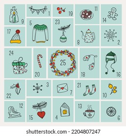 Christmas Advent calendar with hand drawn design elements. Group of seasonal objects in doodle style. Vector printable set. Xmas background, poster or card.