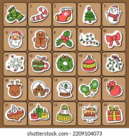 Christmas Advent calendar with hand drawn elements. Xmas Poster. Vector illustration