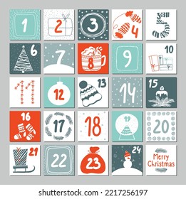 Christmas Advent calendar with hand drawn elements. Christmas poster. Vector illustration