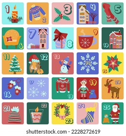 Christmas Advent calendar with hand drawn elements. Vector illustration in a flat cartoon style. Xmas poster.  Numbered poster with Christmas pictures in doodle style