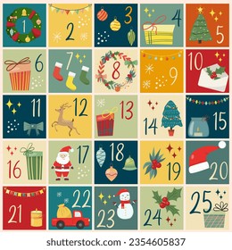 Christmas Advent calendar with hand drawn elements. Xmas Poster.