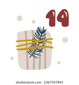 Christmas advent calendar hand drawn gift box with branch. Day fourteen 14. Scandinavian style poster. Cute boho winter illustration for card, poster, kid room decor, nursery art
