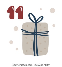 Christmas advent calendar with hand drawn gift box. Day eleven 11. Scandinavian style poster. Cute winter illustration for card, poster, kid room decor, nursery art