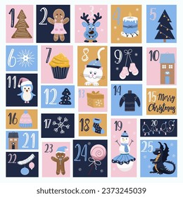 Christmas Advent calendar with hand drawn elements. Xmas Poster