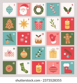 Christmas Advent calendar with hand drawn holiday elements and decoration. Xmas Poster. Vector flat illustration.