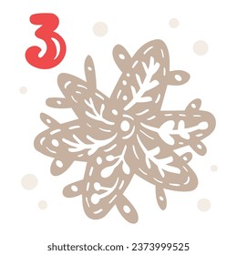 Christmas advent calendar with hand drawn element snowflake. Day three 3. Scandinavian style poster. Cute winter illustration for card, poster, kid room decor, nursery art