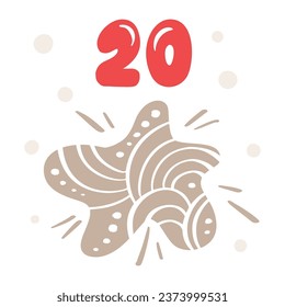 Christmas advent calendar with hand drawn star. Day twenty 20. Scandinavian style poster. Cute winter illustration for card, poster, kid room decor, nursery art