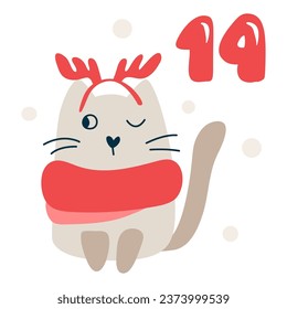 Christmas advent calendar with hand drawn cat. Day fourteen 14. Scandinavian style poster. Cute winter illustration for card, poster, kid room decor, nursery art