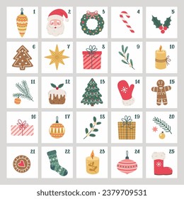 Christmas Advent calendar with hand drawn holiday elements and decoration. Xmas Poster. Vector flat illustration.