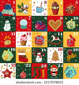 Christmas advent calendar with hand drawn elements. Christmas poster.