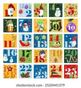 Christmas advent calendar with hand drawn elements. Christmas poster.