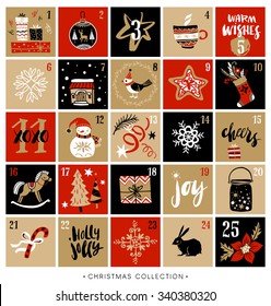 Christmas advent calendar. Hand drawn design elements and calligraphy. Handwritten modern brush lettering.