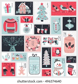 Christmas advent calendar, hand drawn style. Vector illustration.