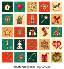 Christmas Advent Calendar hand drawn vector squared big set. Christmas objects. vector illustration. For postcards, greetings, wrapping, wallpaper, invitation, background, prints. Colored.