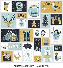 Christmas advent calendar, hand drawn style. Vector illustration.