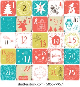 Christmas advent calendar. Hand drawn modern design elements and calligraphy.