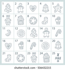 Christmas advent calendar. Hand Drawn Doodle Gingerbread. Xmas Cookies. Merry Christmas Vector Holiday card template