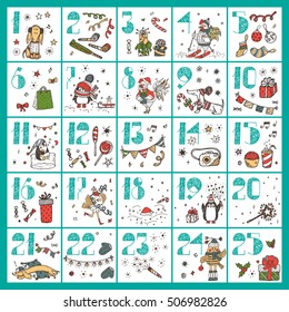 Christmas advent calendar. Hand Drawn Doodle Christmas characters and decorations. Holiday Set
