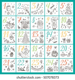 Christmas advent calendar. Hand Drawn Doodle Christmas characters and decorations. Holiday Set
