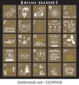Christmas advent calendar with hand drawn design elements and handwritten modern brush pen calligraphy. Vector printables set. White, brown, black colors.