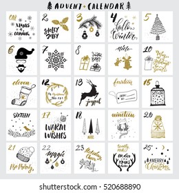 Christmas advent calendar with hand drawn design elements and handwritten modern brush pen calligraphy. Vector printables set. White, black, golden colors.