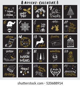 Christmas advent calendar with hand drawn gold glitter textured design elements and handwritten modern brush pen calligraphy. Vector printables set. White, black, golden colors.