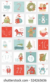 Christmas advent calendar, hand drawn style. Vector illustration.