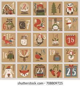 Calendario de llegada de Navidad, estilo dibujado a mano. Ilustración vectorial.