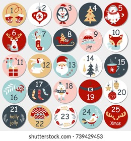 Christmas Advent Calendar With Hand Drawn Elements. Xmas Poster. Vector Illustration