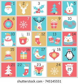 Christmas Advent Calendar With Hand Drawn Elements. Xmas Poster. Vector Illustration