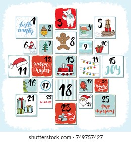 Christmas advent calendar. Hand drawn elements and numbers. Winter holidays calendar cards set design, Vector illustration.