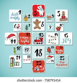 Christmas advent calendar. Hand drawn elements and numbers. Winter holidays calendar cards set design, Vector illustration.