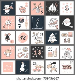 Christmas advent calendar, hand drawn style. Vector illustration