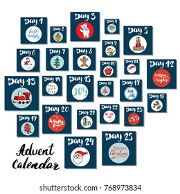 Christmas advent calendar. Hand drawn elements and numbers. Winter holidays calendar cards set design, Vector illustration.