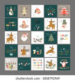 Christmas advent calendar with handdrawn elements - winter flora, socks, trees, snowman, Santa, reindeer character. Doodle style Christmas tags. Cute winter illustration for card, poster, kid r