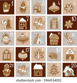 Christmas Advent calendar with hand-drawn elements - gingerbread, mittens, a house, a ball.Christmas poster in the Scandinavian style. Cute winter illustration for postcard, poster, children's room de