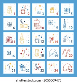 Weihnachtskalender mit handgezeichneten Elementen. Cute Winter festliche Plakatvorlage für den Druck.