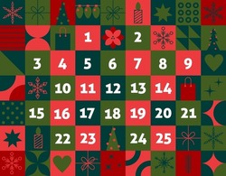 Christmas Advent Calendar. Holiday Advent December Calendar Date. Bauhaus Christmas Border Design Vector Illustration. Countdown To Christmas Day. Holiday Symbols Of Celebration Design