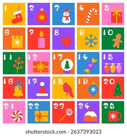 Christmas advent calendar. Holiday Advent December calendar date. Bauhaus Christmas border design vector illustration. Countdown to Christmas Day. Holiday Symbols of celebration design
