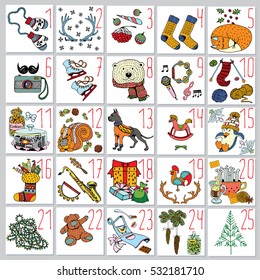 Christmas Advent Calendar with Holiday Elements and Animals. Hand Drawn Winter Illustration.