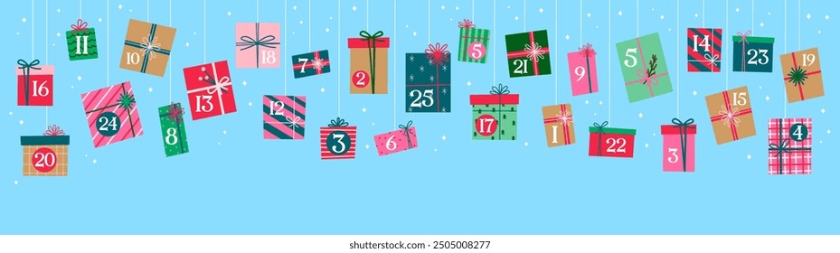 Calendario de Adviento de Navidades con cajas de regalos de vacaciones guirnalda y fechas de día, fondo de Plantilla de Vector. Calendario de Adviento de Navidades con regalos de regalo de diciembre con cintas y envoltura de patrón de copos de nieve